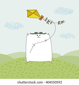 Happy cat with a kite. Vector illustration for design