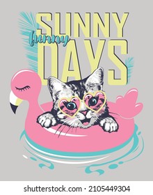 Happy cat kitten face in sunglasses floats on pink flamingo rubber ring. Vector illustration. Print for t shirt.