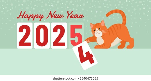 Happy cat knocking down the last digit of the year, Happy New Year concept, banner with copy space