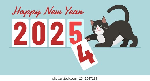 Glückliche Katze, die die letzte Stelle des Jahres niederschlägt, Happy New Year Konzept, Banner mit Kopienraum
