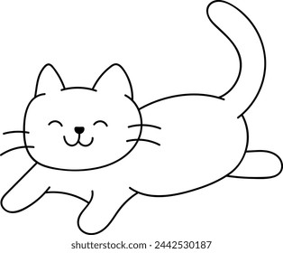 Happy cat line drawing, eyes closed and smiling, in a relaxed posture.