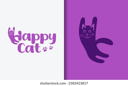Happy Cat Logo Design. Cat with a Cheerful Smiling face Logotype. Simple Minimalist Flat Vector icon Illustration.