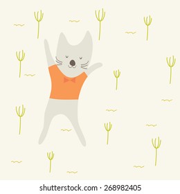 Happy cat on green background
