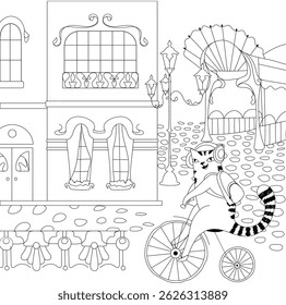 Happy cat on retro bicycle in old Paris. Time travel in France. Colored page background. Black and white. Each object is on a separate layer. Editable stroke