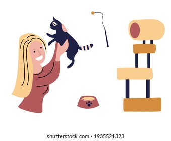 happy cat owner with cats items. flat simple illustration. cartoon drawing