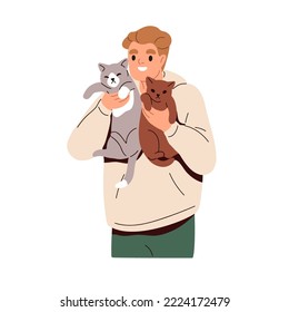 Happy cat owner holding two kittens in arms. Smiling man with adorable funny kitties in hands. Person, male character and sweet feline animals. Flat vector illustration isolated on white background