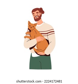 Happy Cat Owner, Man Holding Adorable Funny Kitty In Arms. Smiling Young Guy And Feline Animal. Human And Pet Love, Positive Relationship Concept. Flat Vector Illustration Isolated On White Background