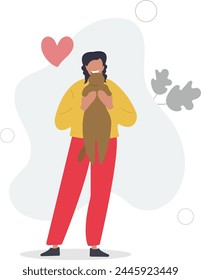 Happy cat owner with pet in arms. Friendship and care for pets.flat vector illustration.