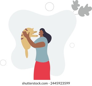 Happy cat owner with pet in arms. Friendship and care for pets.flat vector illustration.