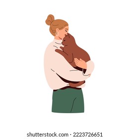 Happy cat owner, woman holding cute kitty, purring in arms, hands. Young girl hugging, cuddling big feline animal. Love between person and pet. Flat vector illustration isolated on white background.