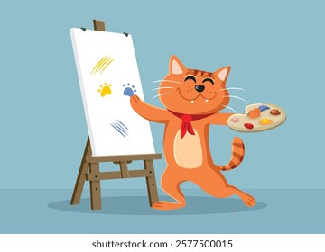 
Happy Cat Painting with its Paws on a Canva Vector Character. Cheerful artistic domestic animal creating an artwork
