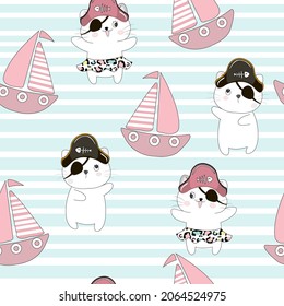 Happy cat pirate sailing in their ship. Animal flat clipart. Modern poster for prints, kids cards, t-shirts.