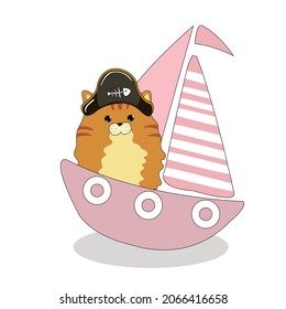 Happy cat pirate sailing in their ship. Animal flat clipart. Modern poster for prints, kids cards, t-shirts.