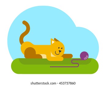 Happy cat is playing with a ball of yarn. Flat design vector illustration.