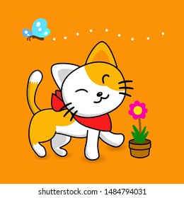 Happy cat playing with butterfly. Cute cat mascot for pet shop logo, for web page, brochure, sticker and t-shirt.