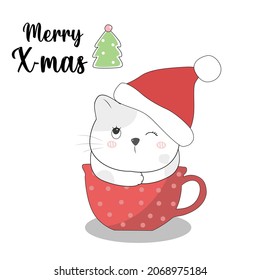 Happy cat playing at christmas day. Animal flat clipart. Modern poster for prints, kids cards, t-shirts.