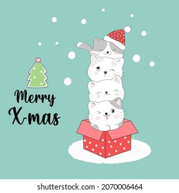 Happy cat playing on gift box at Christmas day. Animal flat clipart. Modern poster for prints, kids cards, t-shirts.
