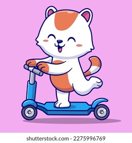 Happy cat playing scooter cartoon vector icon illustration