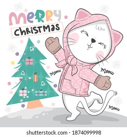 Happy cat playing in the snow on white background illustration vector. 