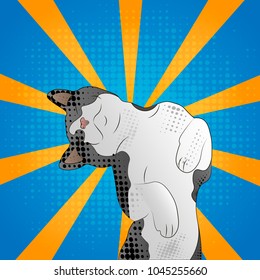 A happy cat in pop art style. greeting card. Funny happy gray-white cat with raised paws, cute animal animals vector cartoon