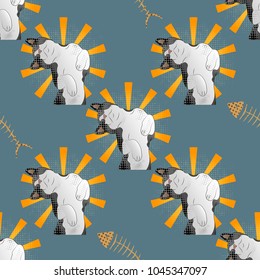 A happy cat in pop art style. Seamless pattern. Funny happy gray-white cat with fish skeleton.
