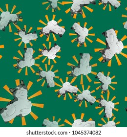 A happy cat in pop art style. Seamless pattern. Funny happy gray-white cat