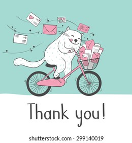 Happy cat postman bicycle   Hand drawn vector illustration 