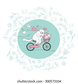 Happy cat postman on a bicycle with a floral frame..  Hand drawn vector illustration.