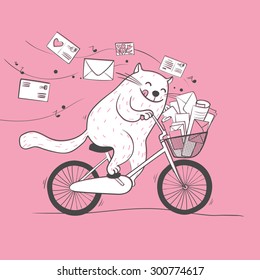 Happy cat postman on a bicycle.  Hand drawn vector illustration.