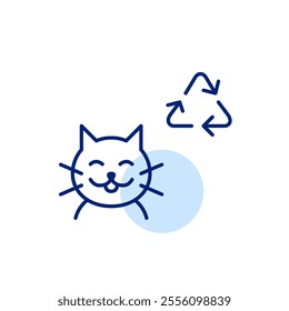 Happy cat and recycling arrows. Sustainable living, eco-friendly products for pets. Pixel perfect, editable stroke icon