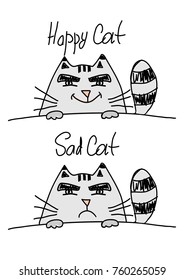 Happy cat and sad cat isolated on white background, illustration.