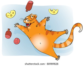 A happy cat with sausages and cheese