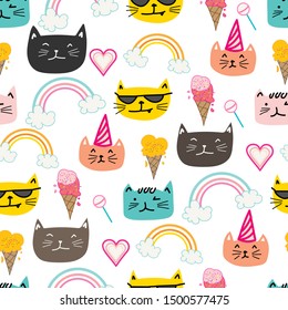 Happy cat seamless pattern background. Vector illustration.