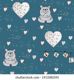 Happy cat seamless pattern, garland of lettering love and hearts on blue. Vector hand-drawn illustration in doodle style with colored spots on the background.