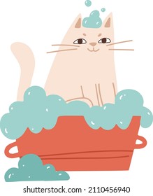 Happy cat sits in a bath with soapy foam. Washing at home or salon. Grooming taking care of domestic animal pet. Flat cartoon vector illustration for banner, sticker label and greeting card