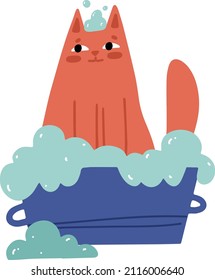 El gato feliz se sienta en un baño con espuma de jabón. Lavarse en casa o en el salón. Crecer cuidando de animales domésticos. Ilustración vectorial de dibujos animados planos para banner, etiqueta adhesiva y tarjeta de saludo