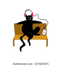 A happy cat sits on a bench and listens to the program, music.  Vector illustration. Cute character. The logo of the program, the screensaver. Music lover.