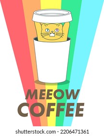 Happy cat sitting in the coffee cup for drinks with plastic covers. Use for cafe, food delivery truck, restaurant identity, prints posters cards, banners. Vector illustration.