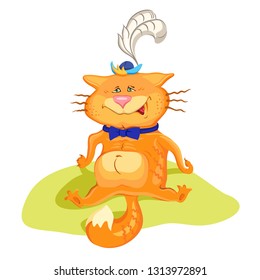 Happy cat. A cat sitting on a meadow, painted imitation. Fashion print for pajamas or t-shirt. Great for fabric, textile Vector Illustration
