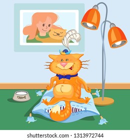 Happy cat. A cat sitting on a pillow, painted imitation. Hand drawn style vector design illustrations