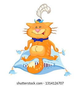 Happy cat. A cat sitting on a pillow, painted imitation. Fashion print for pajamas or t-shirt. Great for fabric, textile Vector Illustration