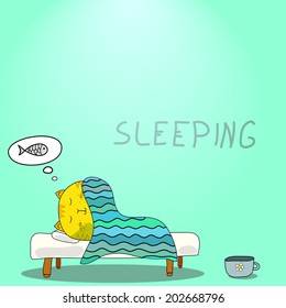 Happy cat sleeping in his bed at light background