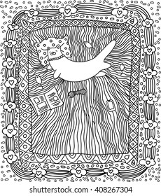 Happy cat is sleeping on the bed.  Black and white background, coloring book, coloring pages, coloring outline, line art coloring 
