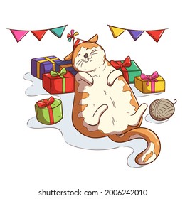 happy cat sleeping on the gift box