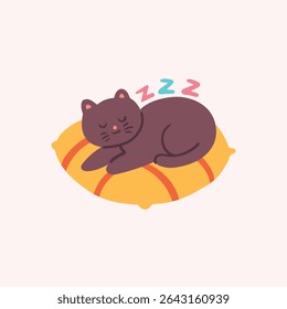 Happy cat sleeping on the pillow hand drawn illustration 