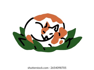 O gato feliz dorme na grama verde. Gatinho adormecido bonito está deitado no gramado. Lovely kitten tem um descanso e cochilo ao ar livre. Um animal de estimação sonolento na natureza. Ilustração de vetor desenhada à mão isolada plana sobre fundo branco