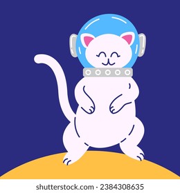 Happy cat in a spacesuit on the moon. Vector illustration of a cat character in an astronaut suit in a flat style.