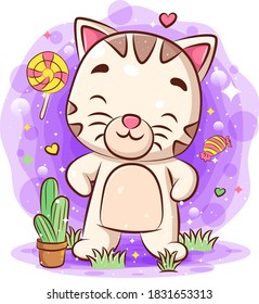 Happy cat standing in garden and cactus flower in pot of illustration