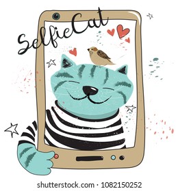 Happy Cat in a striped T-shirt makes a selfie, bird is sitting on his head. Funny doodle vector illustration for postcard, banner, wallpaper.