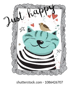 Happy cat in a striped T-shirt makes a selfie, bird is sitting on his head. In the photo frame. Funny doodle vector illustration for postcard, banner, wallpaper.